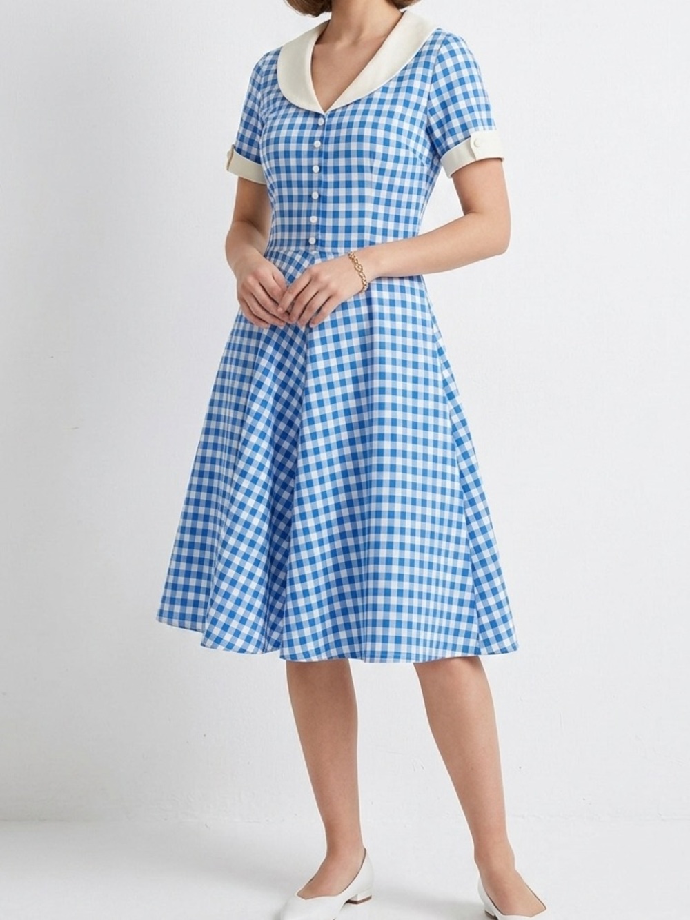 GownTown Vintage Rockabilly Gingham Swing Dress Blue White Sailor Collar❤️